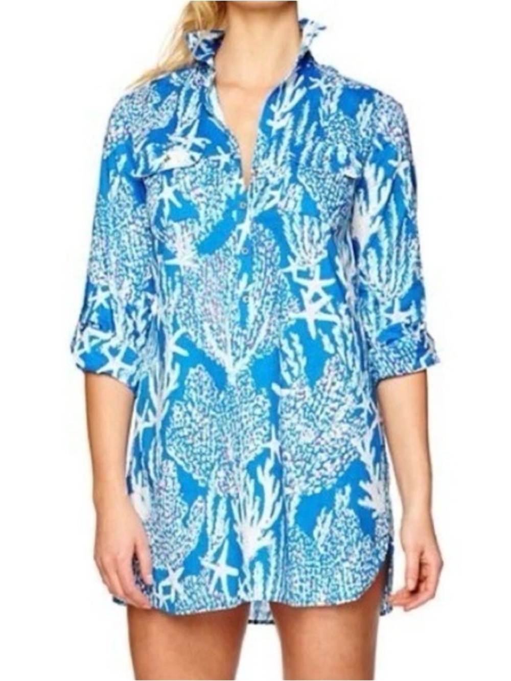 Lilly Pulitzer Good Reef Blue Captiva Coral Print Tunic Shirt Dress XXS